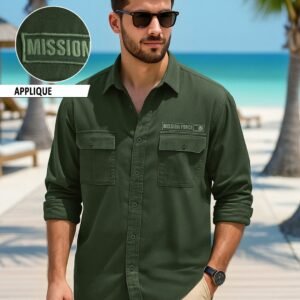 Men's Dark Green Mission Force Badge Printed Oversized Cargo Shirt