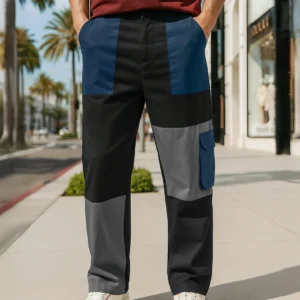 men's black color block straight fit cargo pants