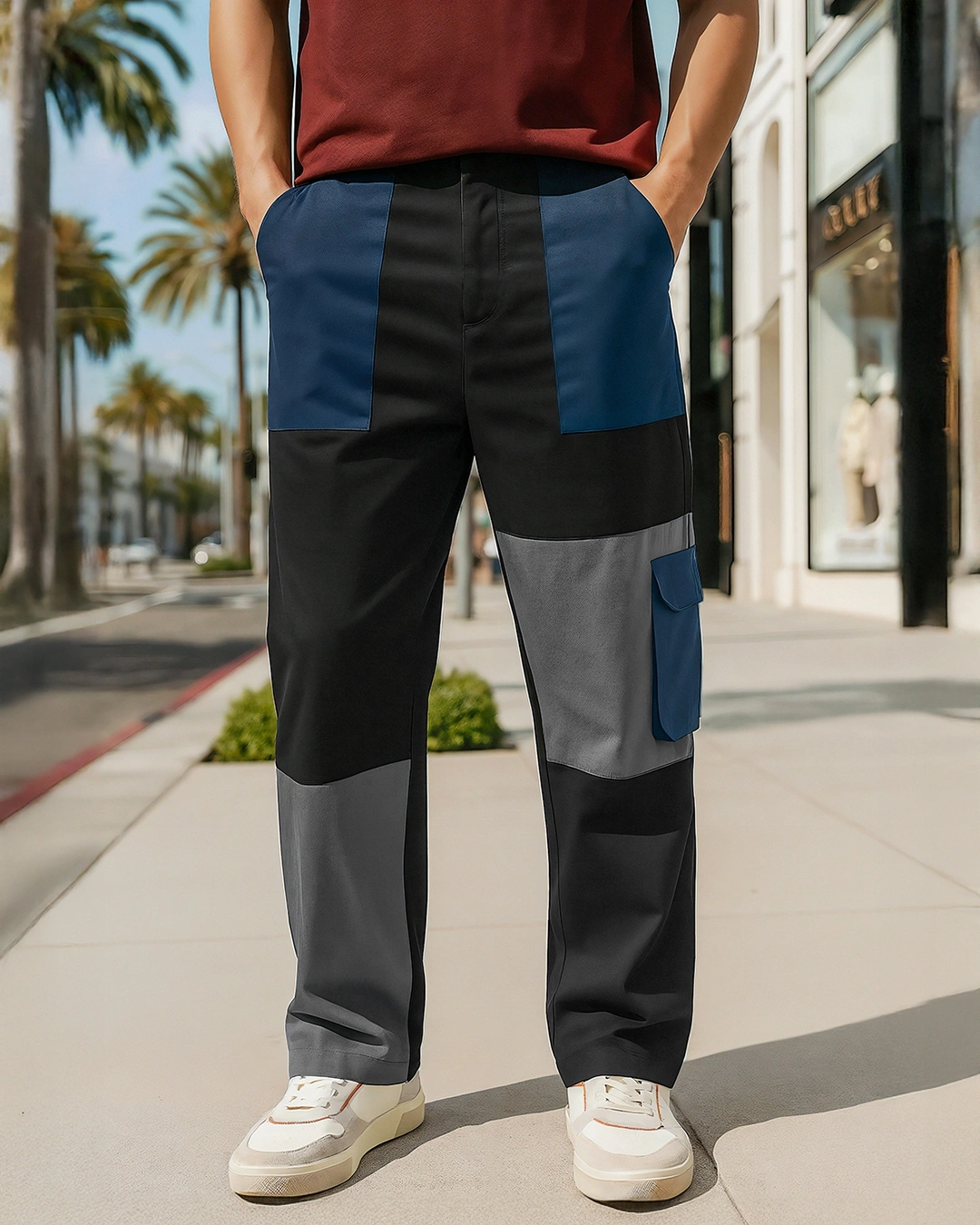 men's black color block straight fit cargo pants men's black color block straight fit cargo pants